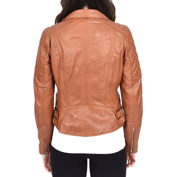 Womens Real Leather Jacket X-Zip Biker Style Fitted Quilted Liz Cognac