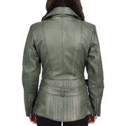 Womens Green Leather Belted Jacket Hip Length With Zip Details Sandra