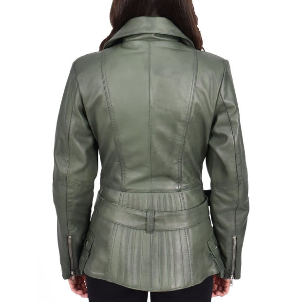 Womens Green Leather Belted Jacket Hip Length With Zip Details Sandra