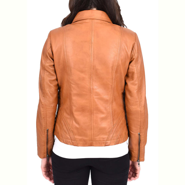 Ladies Soft Leather Jacket Fitted Collared Zip Fasten Biker Style Leah Tan-2
