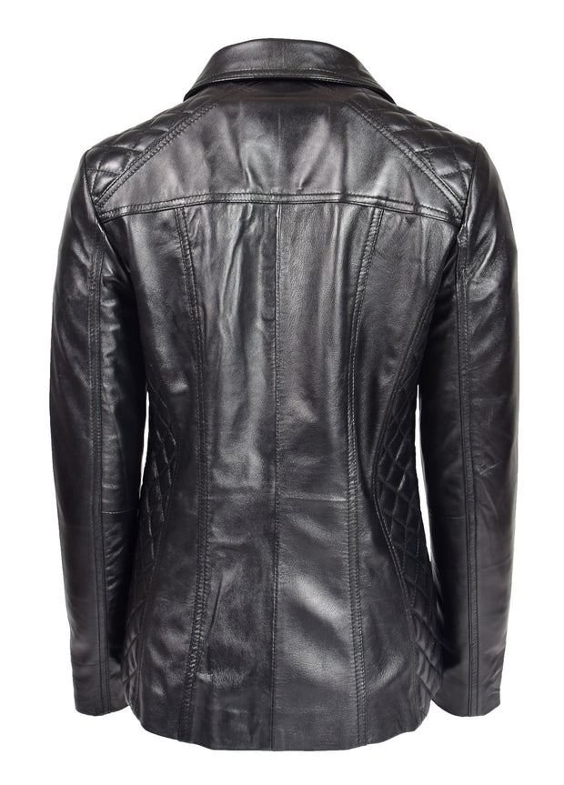Womens Soft Black Leather Jacket Classic Fitted Quilted Hip Length Zip Fasten Paula