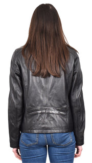 Womens Soft Black Leather Jacket Casual Biker Style Fitted Zip Fasten Aira