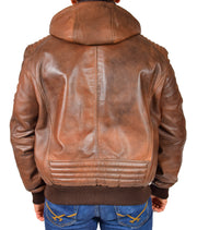 Mens Trendy Cognac Leather Bomber Jacket Fitted Removable Hood Dante