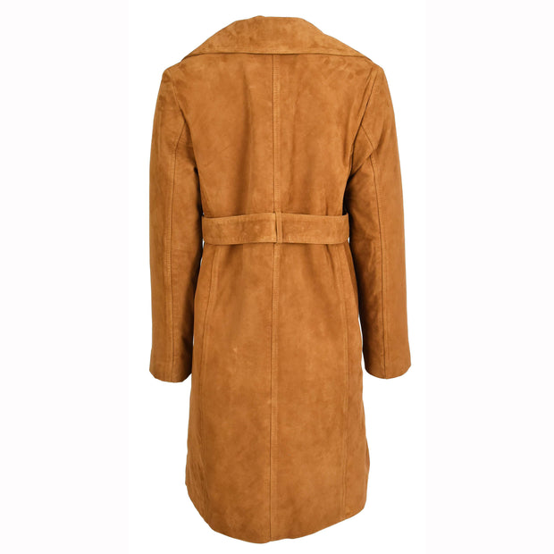 Women's Fine Goat Suede Trench Coat Below Knee Length, Belted Waist Long Jacket, Classic Style Rona Cognac