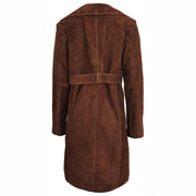 Women's Fine Goat Suede Trench Coat Below Knee Length, Belted Waist Long Jacket, Classic Style Rona Brown