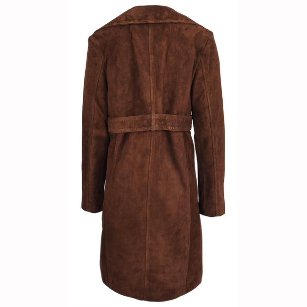 Women's Fine Goat Suede Trench Coat Below Knee Length, Belted Waist Long Jacket, Classic Style Rona Brown