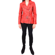 Womens Red Leather Belted Jacket Hip Length With Zip Details Sandra