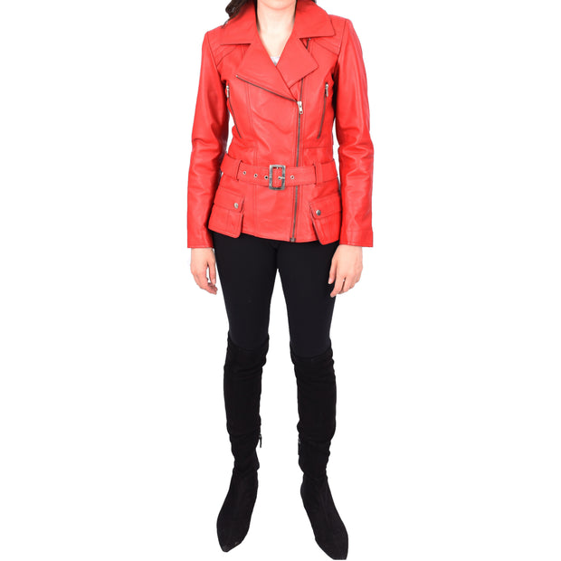 Womens Red Leather Belted Jacket Hip Length With Zip Details Sandra