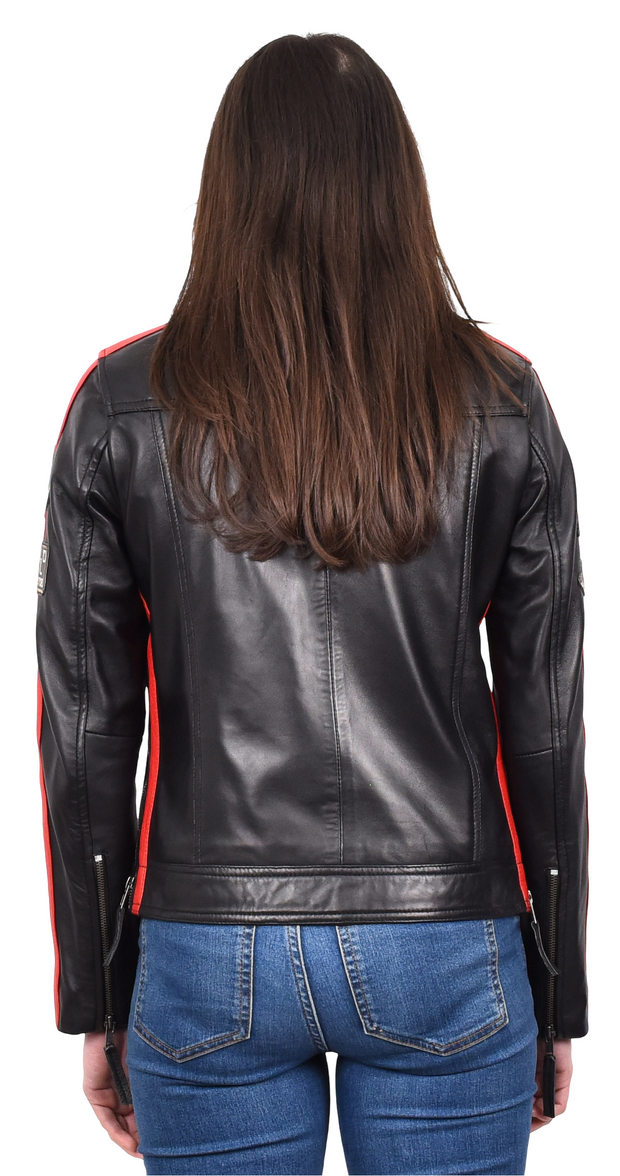 Womens Real Black Leather Cafe Racer Biker Jacket Motorcycle Retro Badges Abby