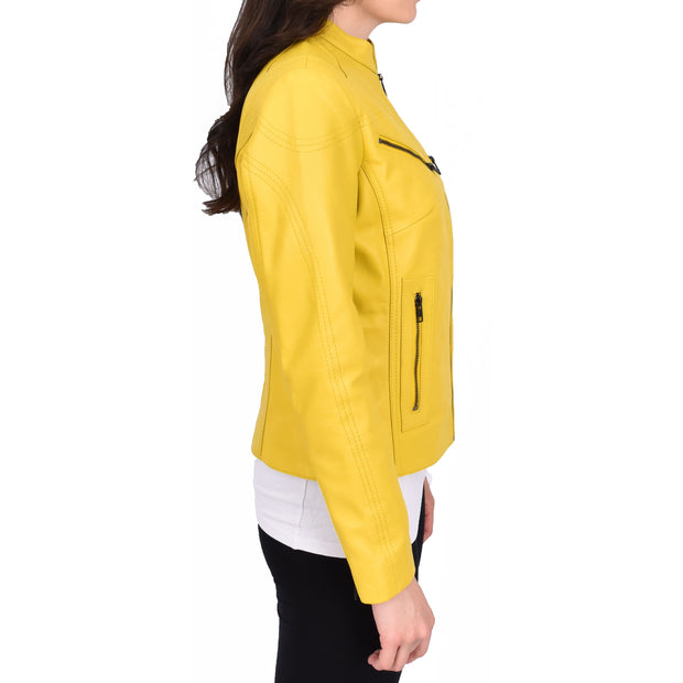 Womens Fitted Leather Biker Jacket Casual Zip Up Coat Jenny Yellow-3
