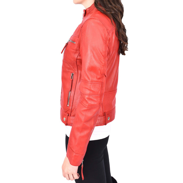 Womens Soft Leather Biker Jacket Red Casual Fitted Trendy Stylish Zoe