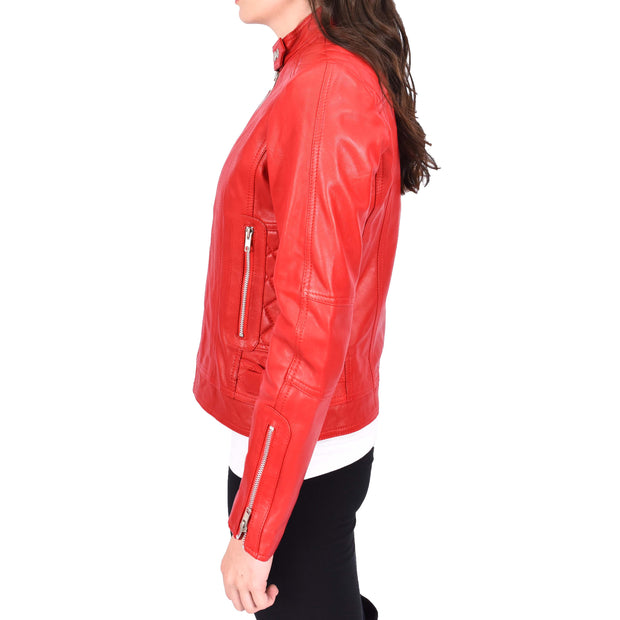 Womens Soft Red Leather Biker Jacket Designer Stylish Fitted Quilted Celeste