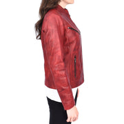 Womens Fitted Leather Biker Jacket Casual Zip Up Coat Jenny Dirty Red-3