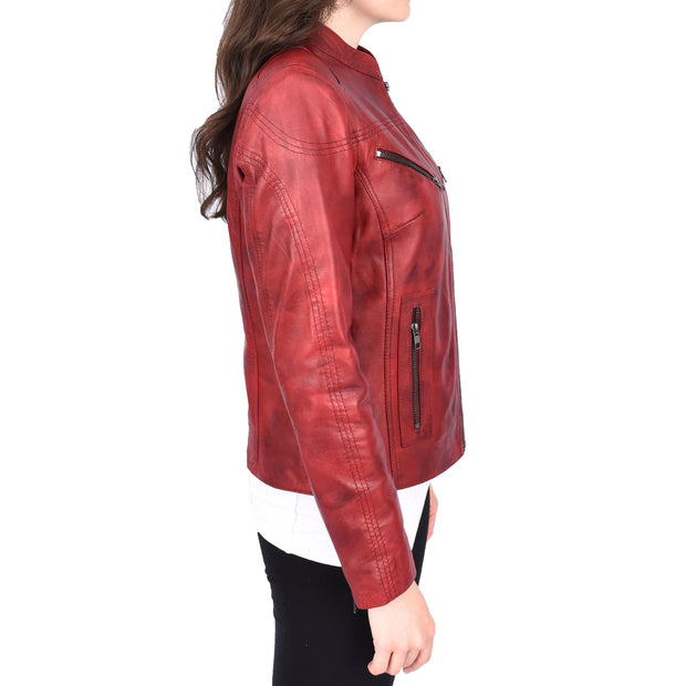 Womens Fitted Leather Biker Jacket Casual Zip Up Coat Jenny Dirty Red-3