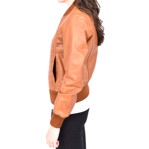 Womens Real Leather Bomber Jacket Tan Diamond Quilted Fitted Varsity Storm