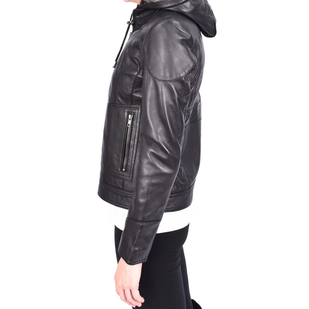 Womens Genuine Black Leather Biker Style Jacket With Removable Hood Sally