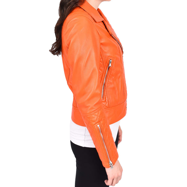 Womens Real Leather Jacket Orange Fitted Quilted Trendy Biker Style Bonnie-3