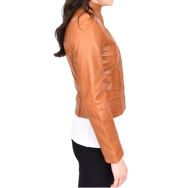 Womens Soft Cognac Leather Biker Jacket Stand-Up Band Collar Bliss