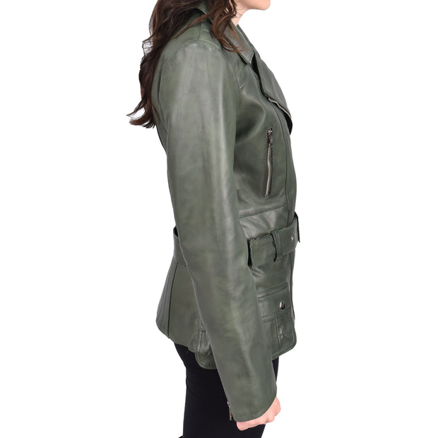 Womens Green Leather Belted Jacket Hip Length With Zip Details Sandra