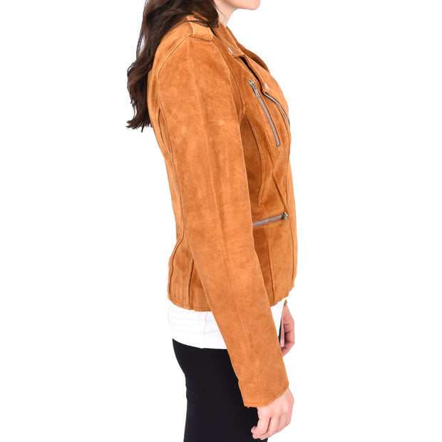 Womens Genuine X-Zip Fitted Biker Tan Suede Leather Jacket Rusty