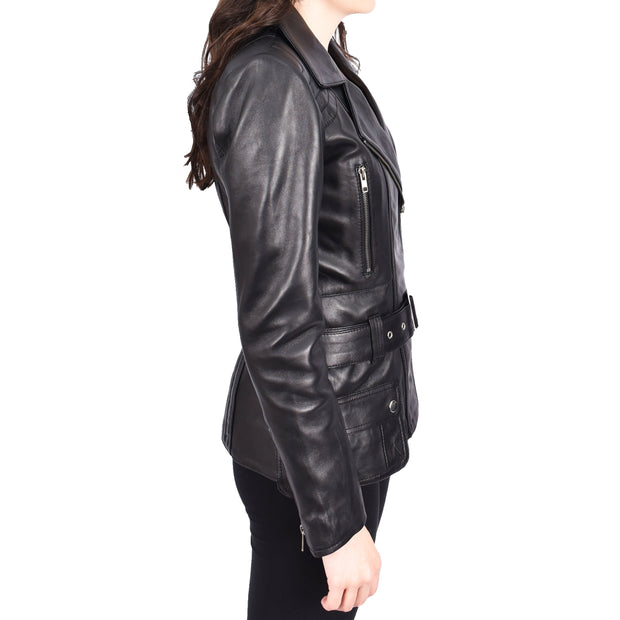 Womens Black Leather Belted Jacket Hip Length With Zip Details Sandra-3