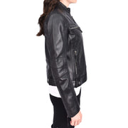 Womens Soft Leather Biker Jacket Black Casual Fitted Trendy Stylish Zoe