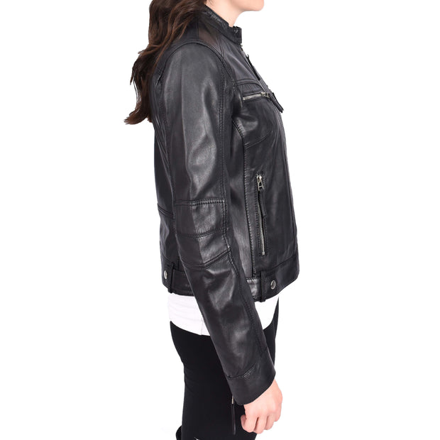 Womens Soft Leather Biker Jacket Black Casual Fitted Trendy Stylish Zoe