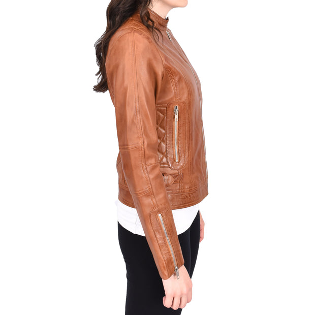 Womens Soft Tan Leather Biker Jacket Designer Stylish Fitted Quilted Celeste