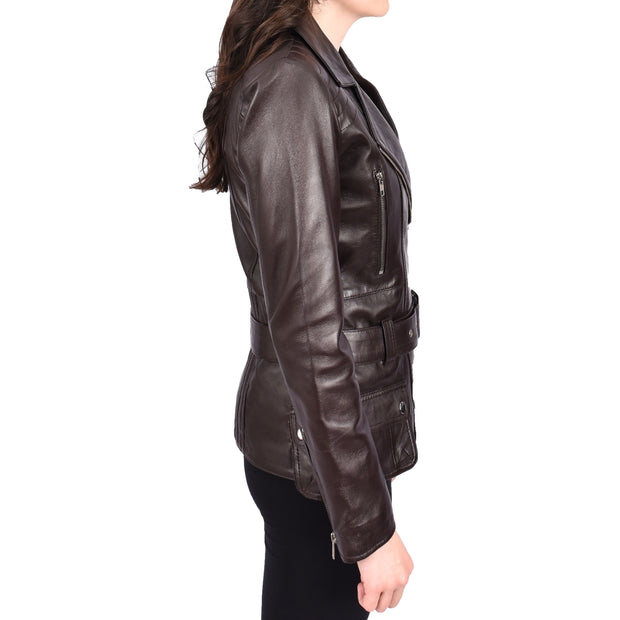 Womens Brown Leather Belted Jacket Hip Length With Zip Details Sandra