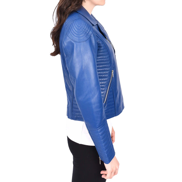 Womens Designer Leather Biker Jacket Fitted Quilted Bonita Blue-3