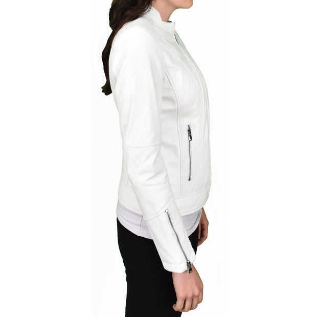 Womens Genuine Leather Biker Jacket Zip Casual Naomi White-3