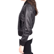 Womens Real Leather Bomber Jacket Black Diamond Quilted Fitted Varsity Storm