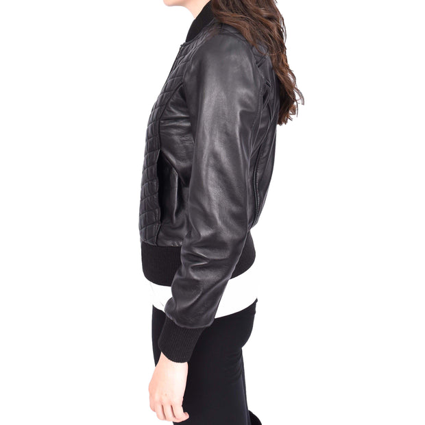 Womens Real Leather Bomber Jacket Black Diamond Quilted Fitted Varsity Storm