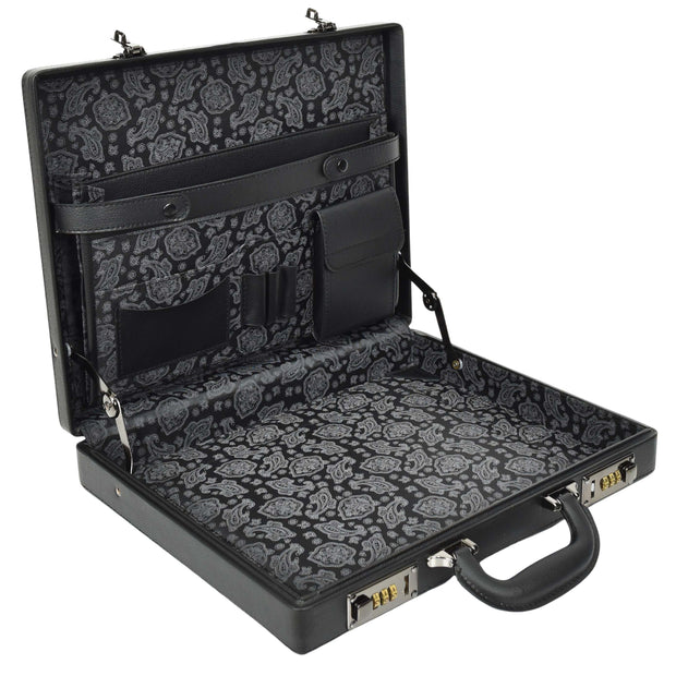 Classic Attache Case Black Faux Leather Dual Lock Slim Line Briefcase Bag Major