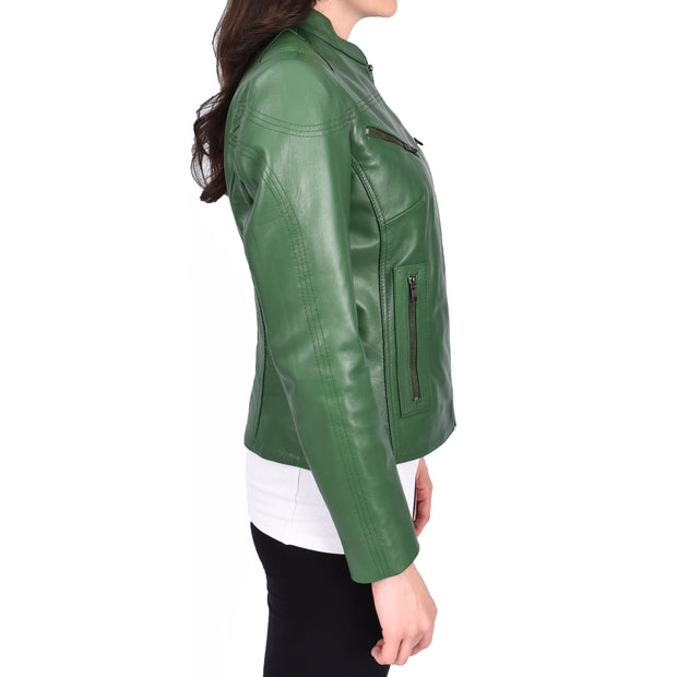 Womens Fitted Leather Biker Jacket Casual Zip Up Coat Jenny Green-3