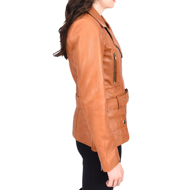 Womens Tan Leather Belted Jacket Hip Length With Zip Details Sandra