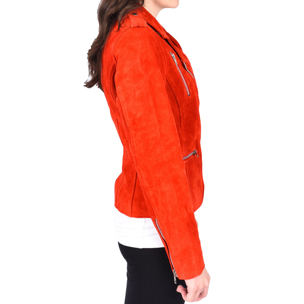 Womens Genuine Red Suede Biker Jacket - Rusty