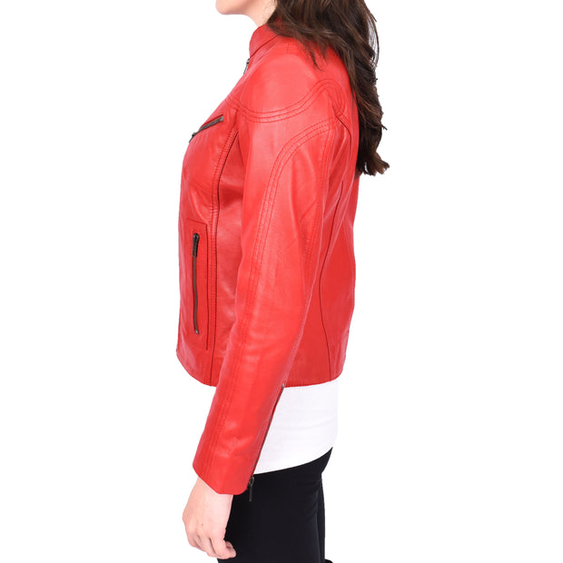 Womens Fitted Leather Biker Jacket Casual Zip Up Coat Jenny Red