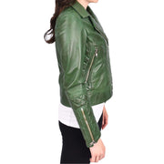Womens Real Leather Jacket Green Fitted Quilted Trendy Biker Style Bonnie-3