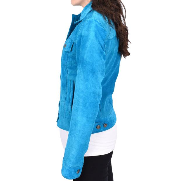 Womens Suede Trucker Jacket Teal Blue American Western Style Marisa