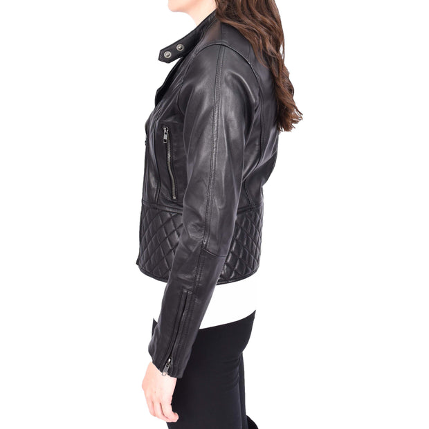 Trendy Black Leather Biker Jacket For Women Quilted Fitted Band Collar Penny