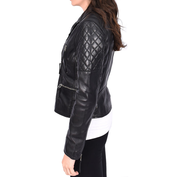 Womens Real Leather Jacket X-Zip Biker Style Fitted Quilted Liz Black