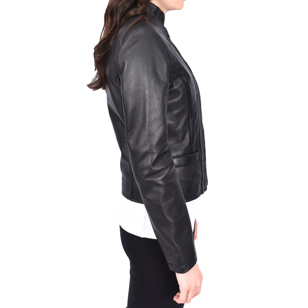 Womens Soft Black Leather Biker Jacket Stand-Up Band Collar Bliss