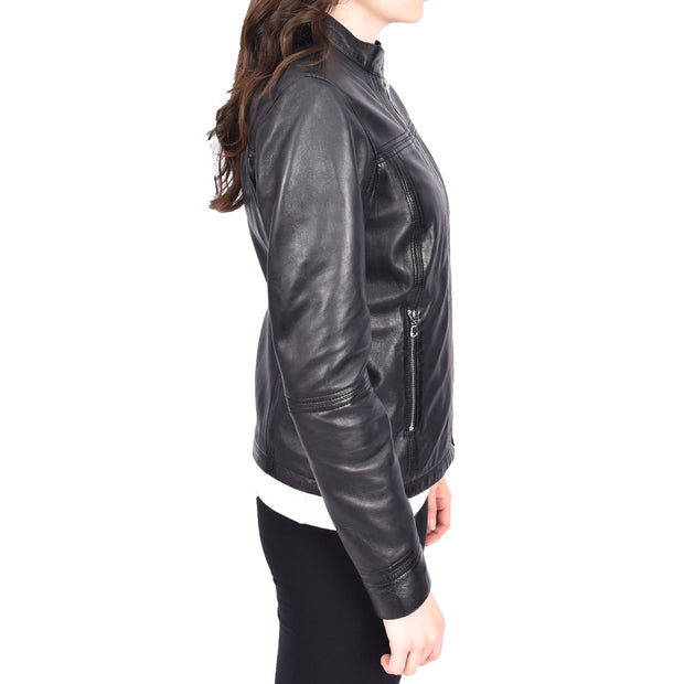 Womens Soft Leather Biker Jacket Fitted Zip Fasten Band Collar Casual Style Mia Black
