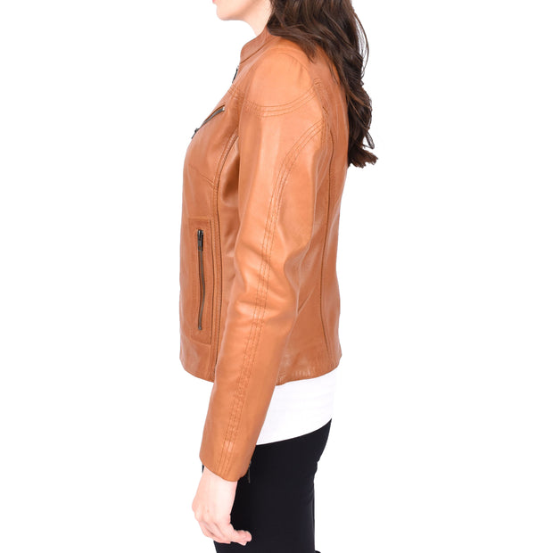 Womens Fitted Leather Biker Jacket Casual Zip Up Coat Jenny Tan-3