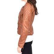 Womens Real Leather Jacket X-Zip Biker Style Fitted Quilted Liz Cognac