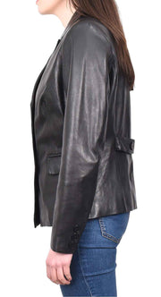 Womens Soft Black Leather Reefer Jacket Double Breasted Blazer Zuri