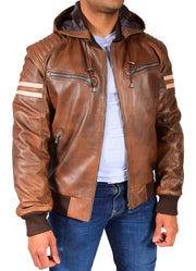 Mens Trendy Cognac Leather Bomber Jacket Fitted Removable Hood Dante