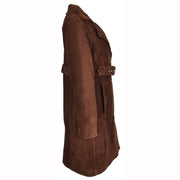 Women's Fine Goat Suede Trench Coat Below Knee Length, Belted Waist Long Jacket, Classic Style Rona Brown