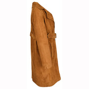 Women's Fine Goat Suede Trench Coat Below Knee Length, Belted Waist Long Jacket, Classic Style Rona Cognac